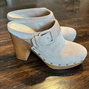 Vince Camuto Beige Suede Mules with Wooden Heel